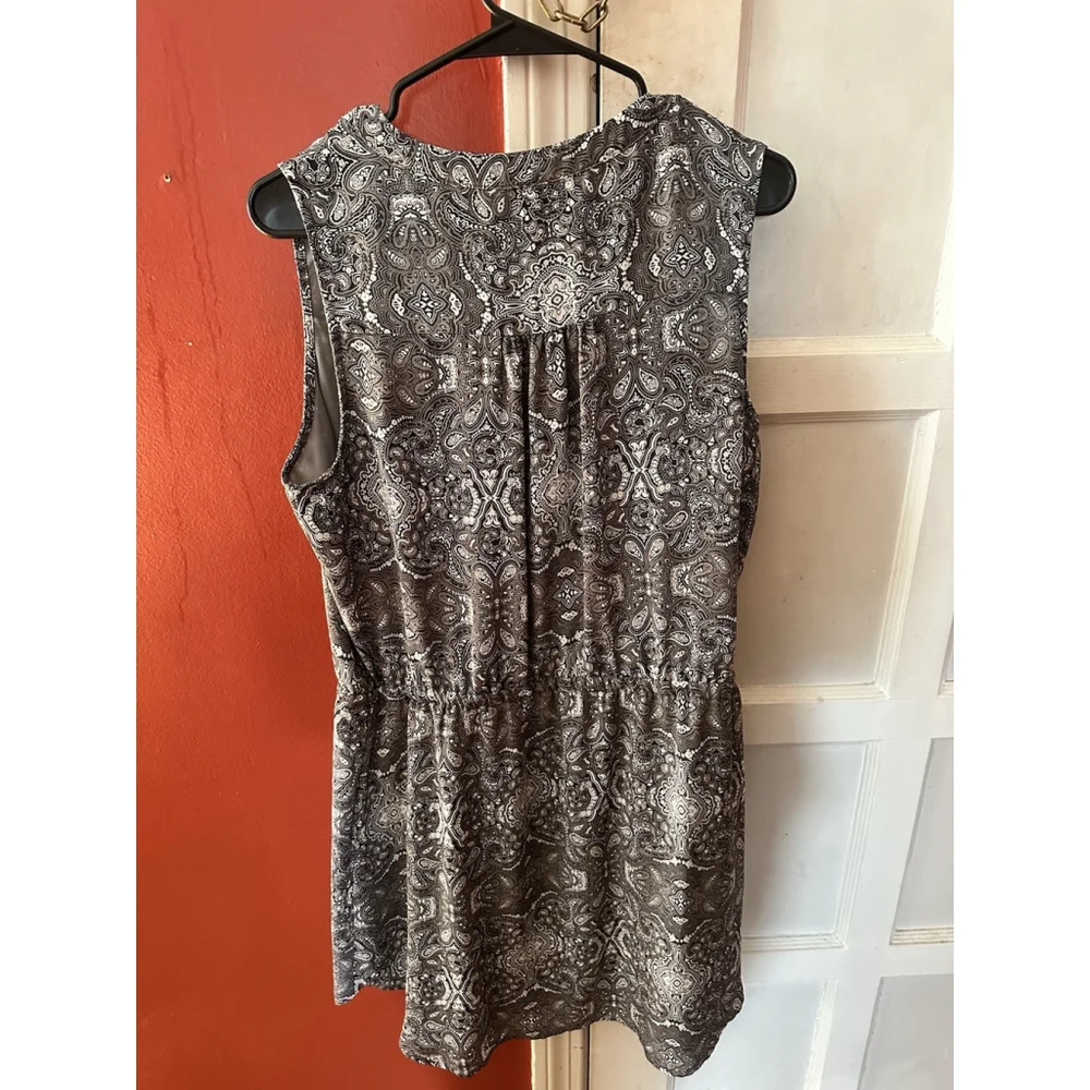 GAP Women's Printed Shirt Dress L Grey Drawstring Waist Pintuck Pleat Sleeveless - Picture 10 of 12